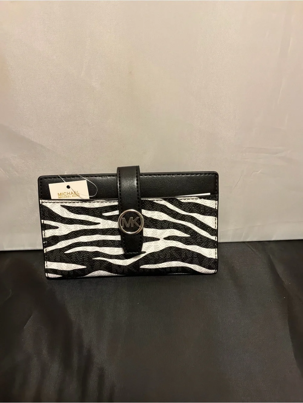 Michael Kors Black & White Zebra Print Card Wallet with MK Snap
